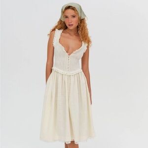 New with Tags For Love & Lemons Morgan Midi Dress with Shirred Bodice, Lace Trim